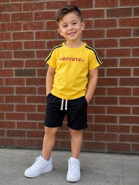 BOYBYE BOYS YELLOW SHORT SLEEVE SHIRT WITH BLACK STRIPES ON SHOULDERS MEDIUM